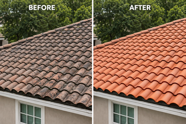 Before-and-after roof cleaning: weathered brown tiles changed to bright orange tiles.