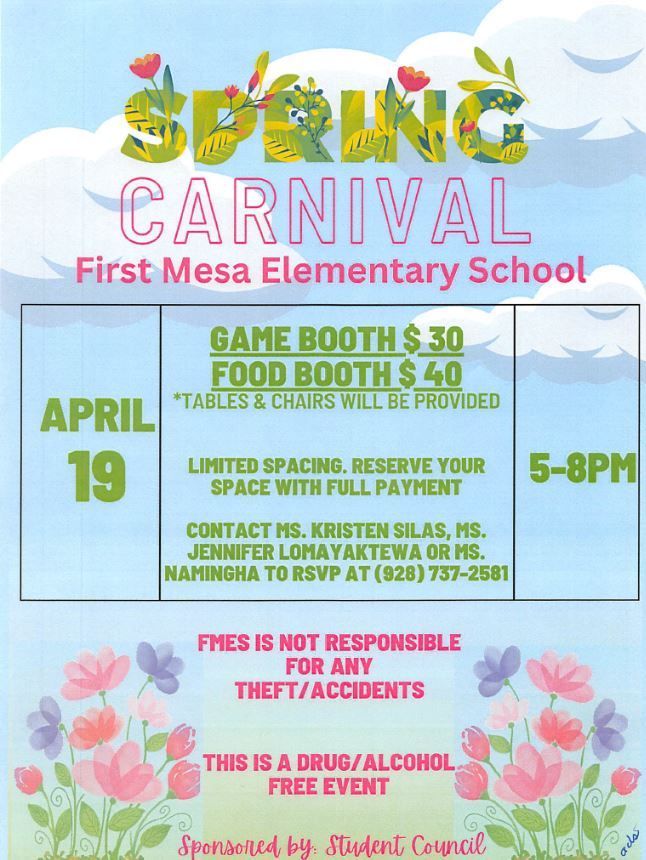 A poster for the spring carnival at first mesa elementary school