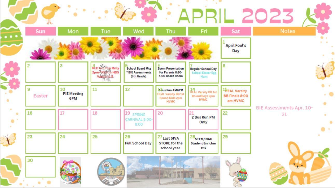 A calendar for april 2023 with flowers and easter eggs