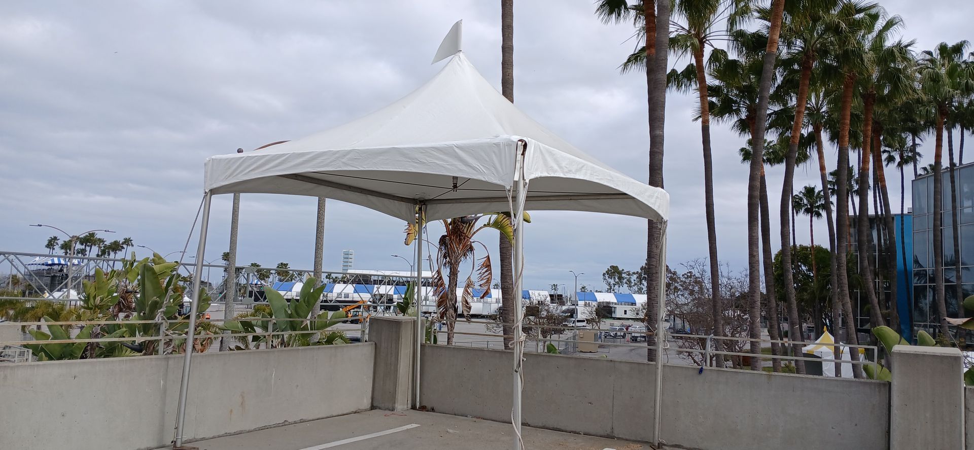 A white tent is sitting on top of a concrete wall next to palm trees.