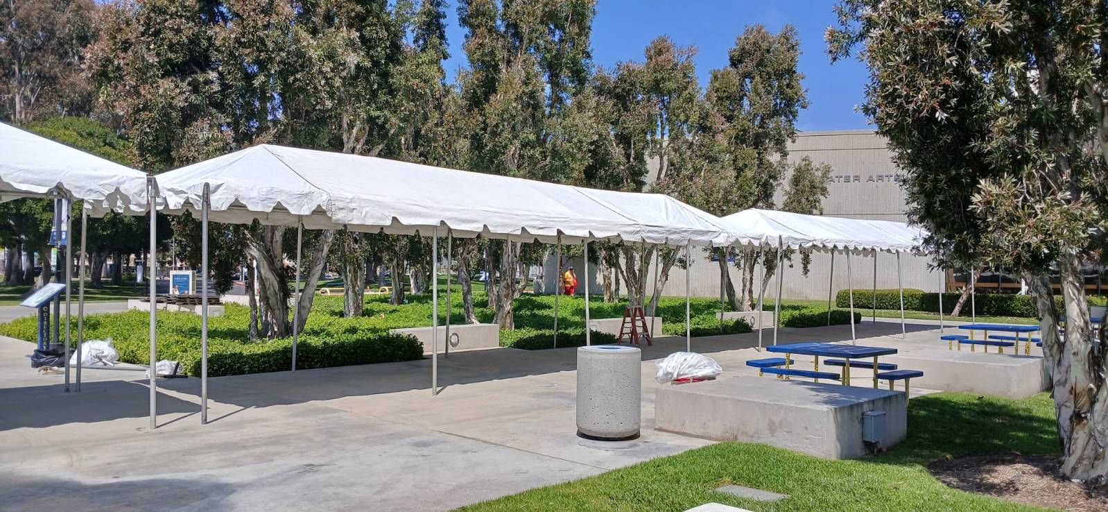 A large white tent is sitting in the middle of a park.
