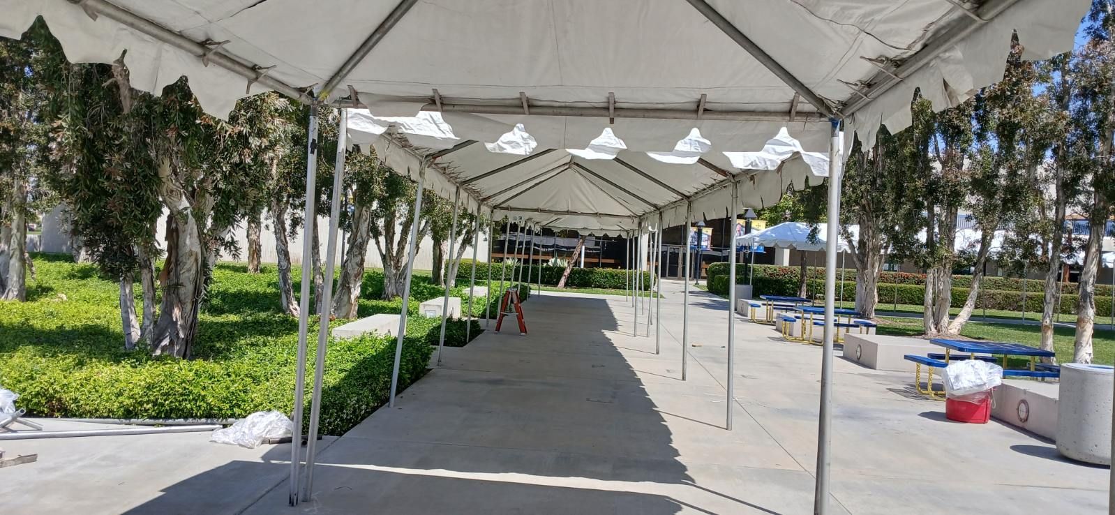 A large white tent is sitting in the middle of a park.