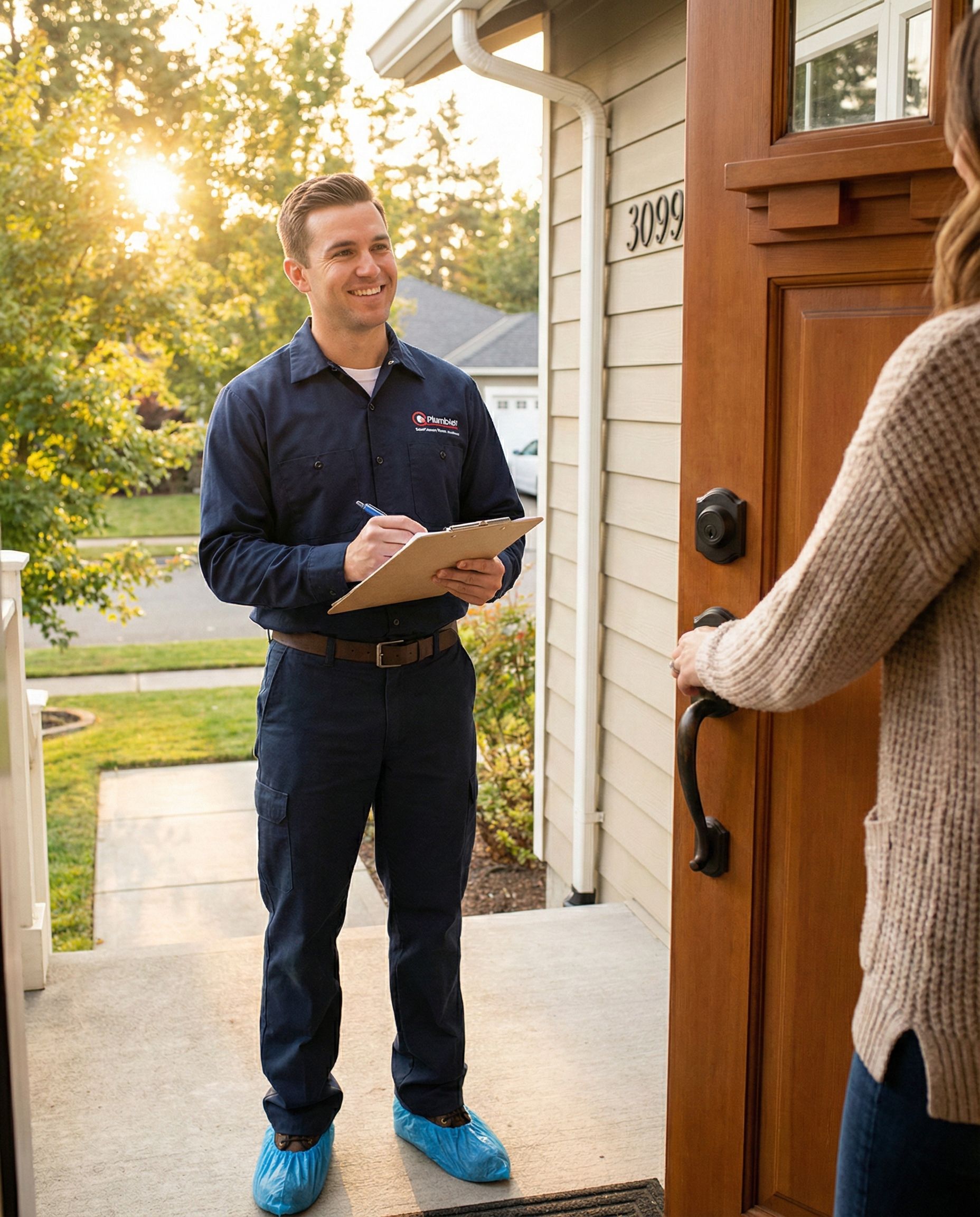 Professional plumber with shoe covers demonstrating clean-work guarantee