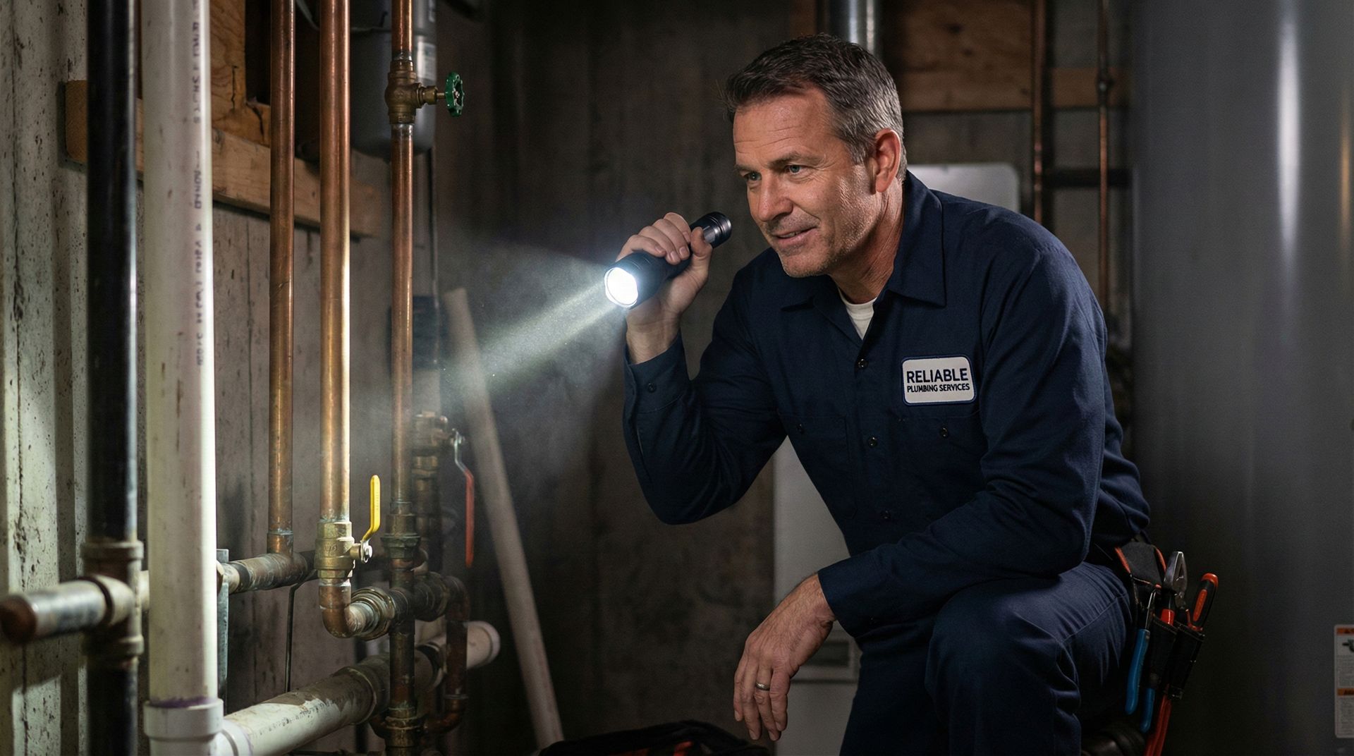 Professional plumber with flashlight inspecting copper pipes in basement