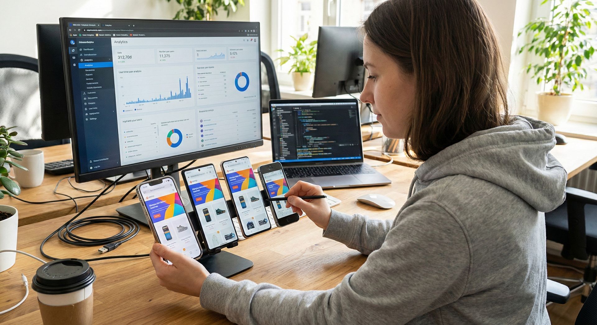 Mobile developer testing responsive website design on multiple smartphone devices with analytics dashboard