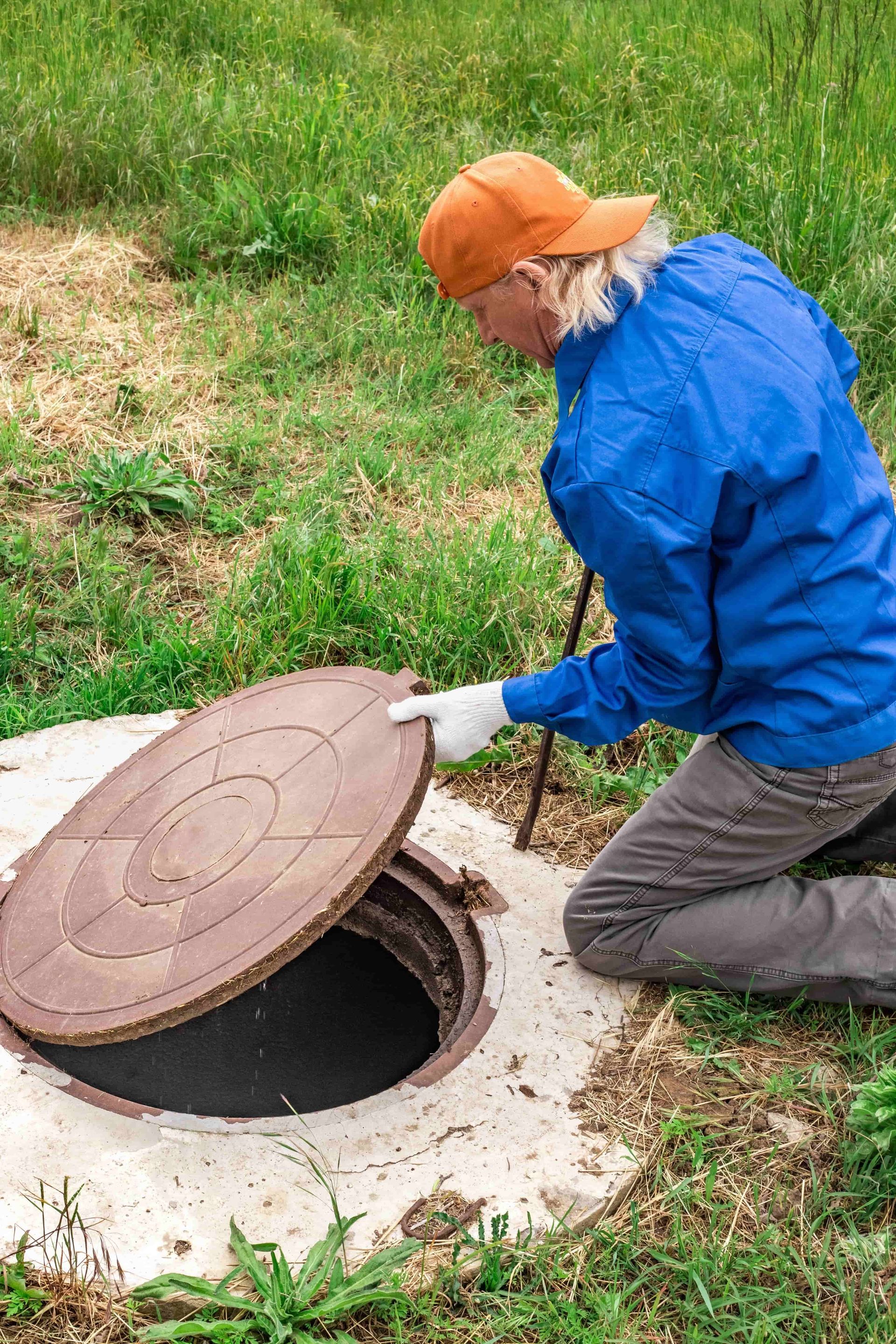 Man in blue shirt, orange hat inspecting open manhole in grassy area.