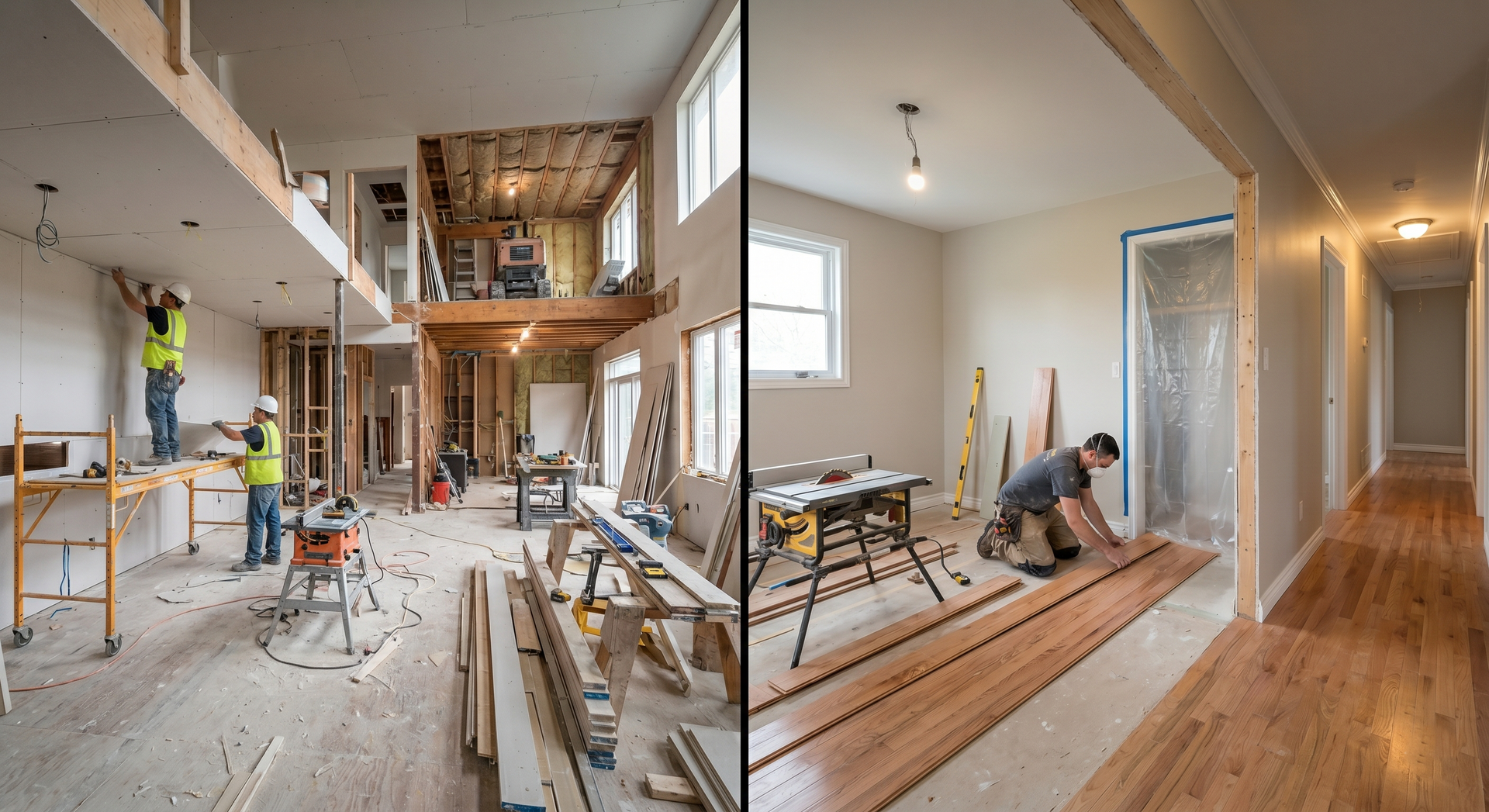 Split-view of a home renovation: cluttered construction site on left, finished hallway and room on right.