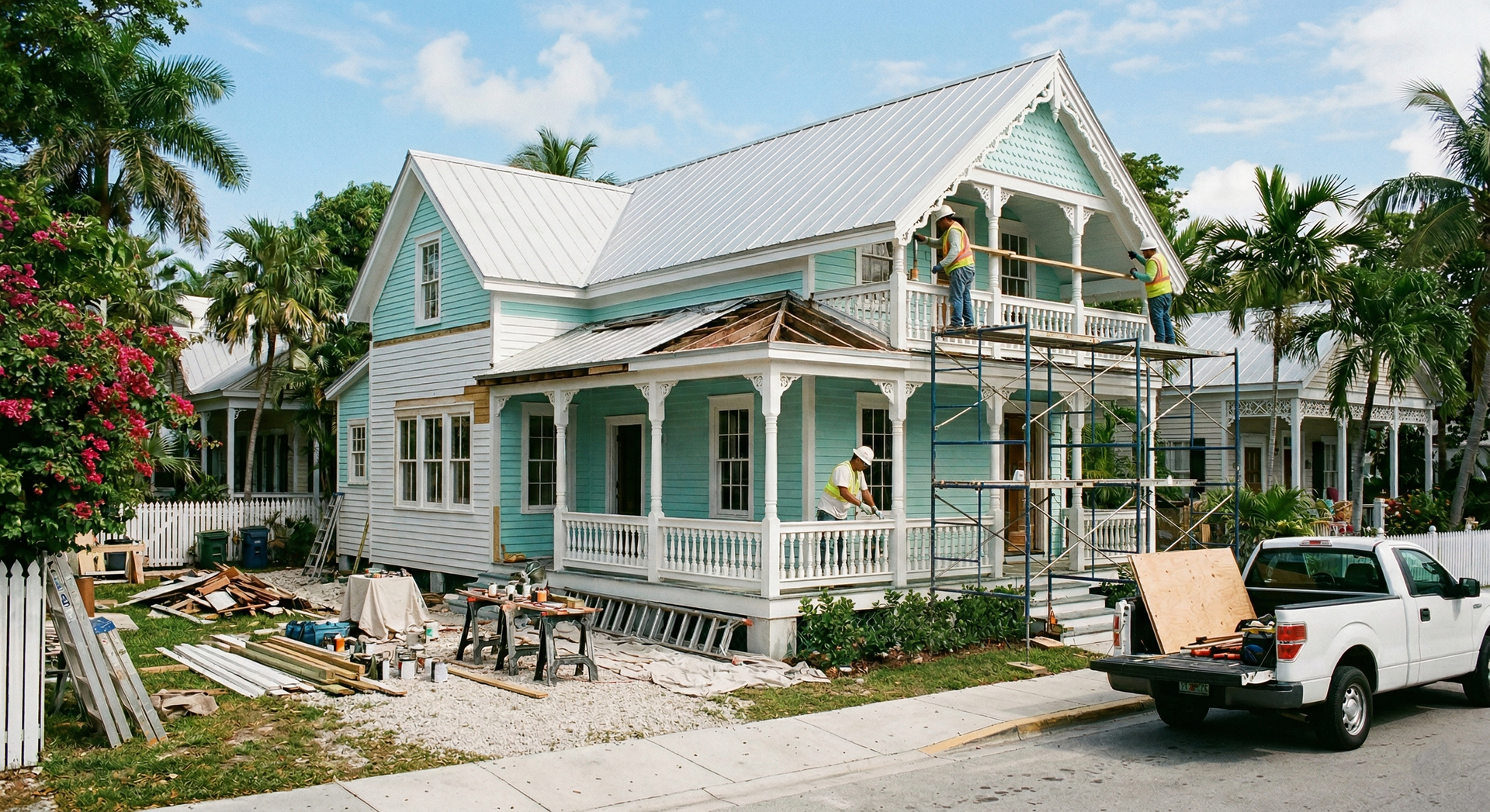 Light blue Victorian-style house under renovation with scaffolding, construction materials, and a pickup truck parked front.