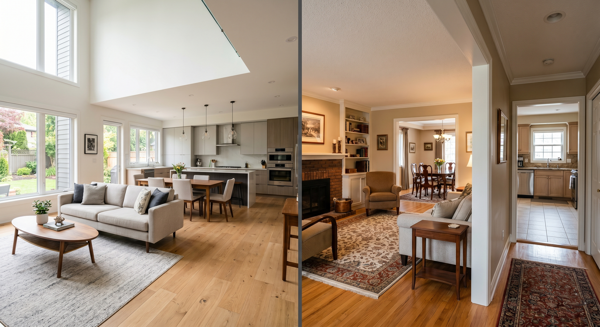 Bright open living room and dining area with wood floors, white walls, large windows, and a kitchen in the background