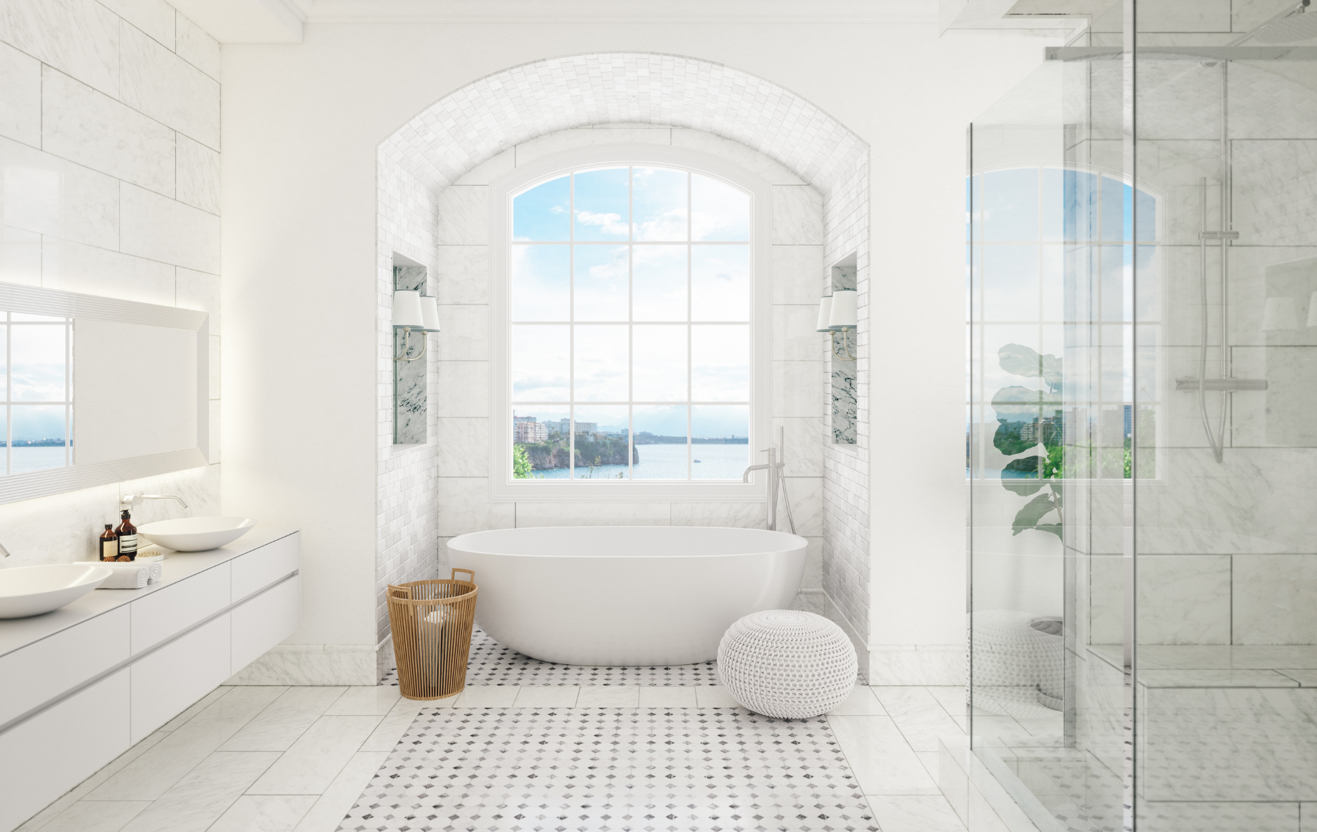 A bathroom with a bathtub , sink , mirror and walk in shower.