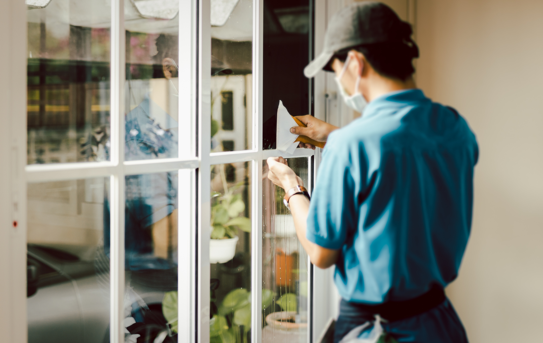 A man wearing a mask is cleaning a window.