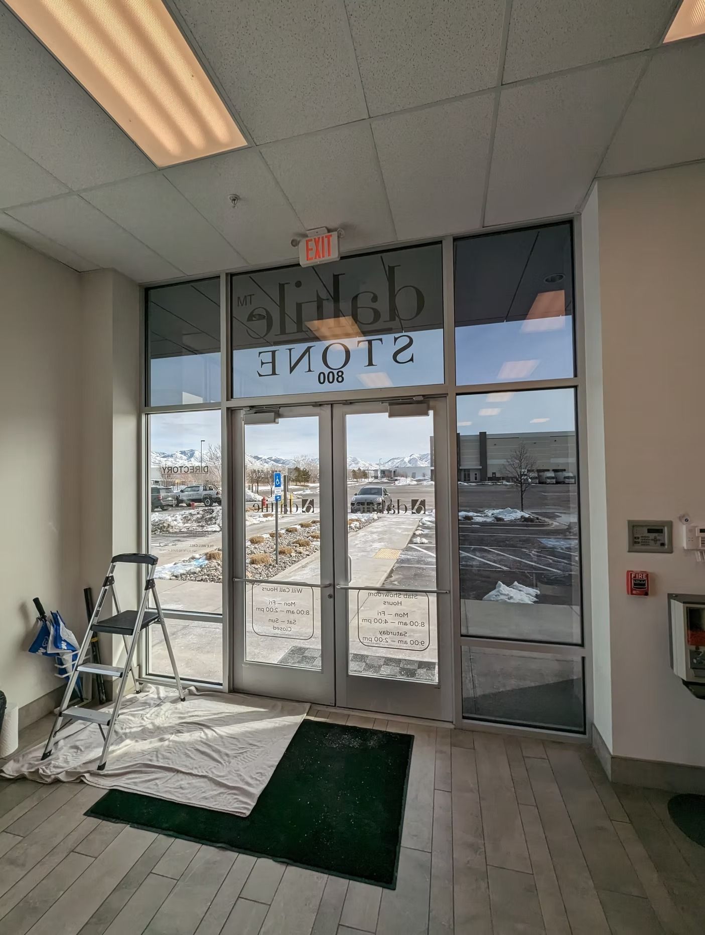 Exterior view through glass doors; 