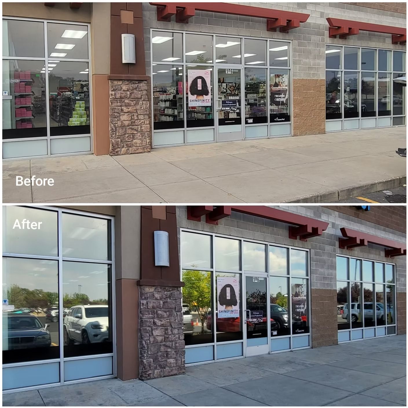Comparison of storefront before and after window tinting; building exterior.