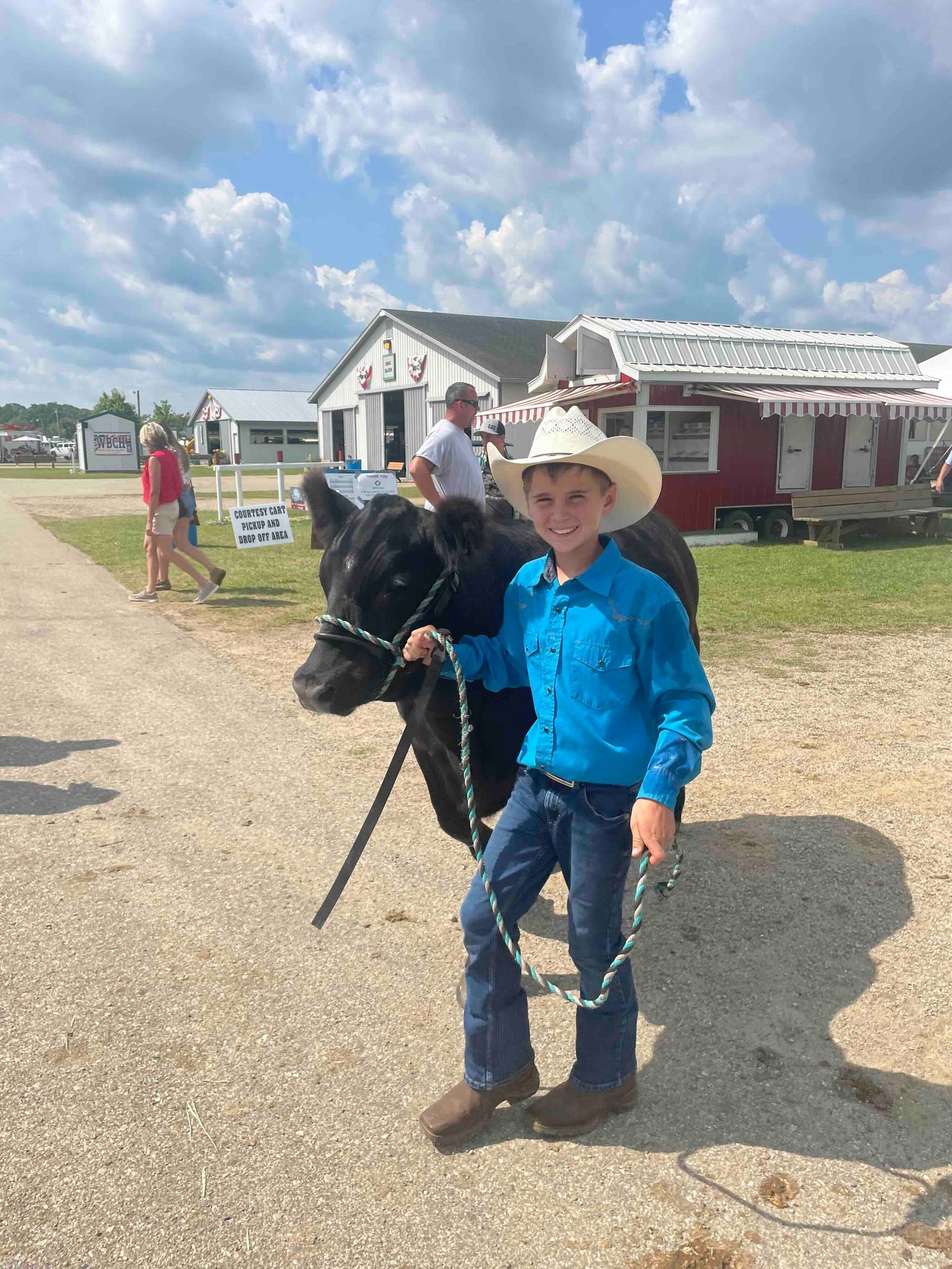 A young boy in a cowboy hat is holding a cow on a leash.