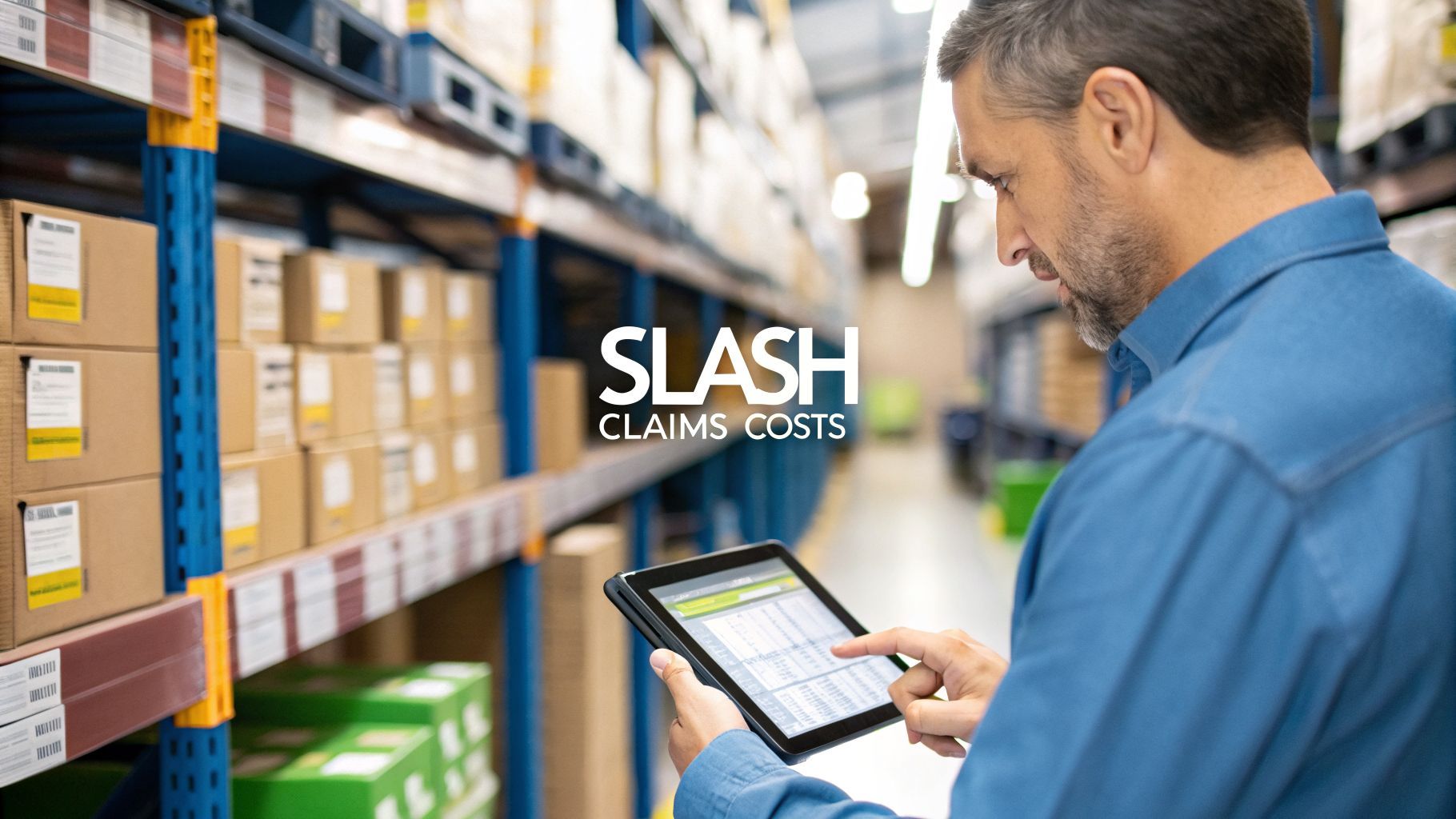Man in warehouse uses tablet, checking inventory near shelves of boxes; text says 