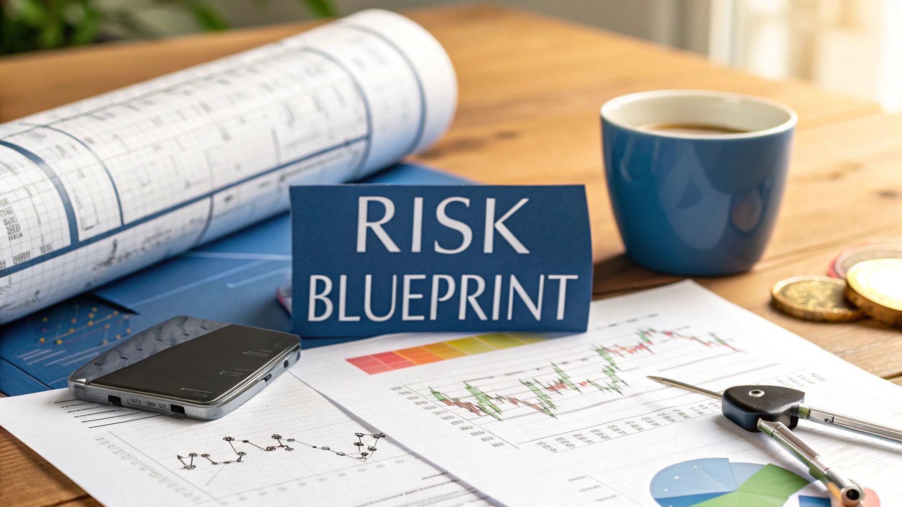 Risk blueprint title with blueprints, graphs, coffee, and tools on a desk.