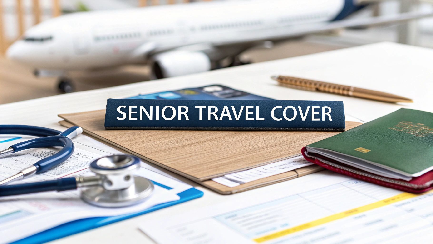 Senior travel cover sign with stethoscope, passport, and airplane in background.