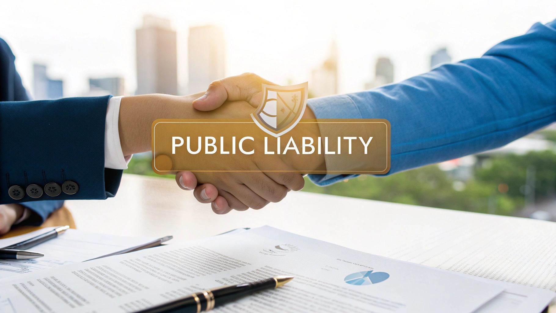 Two people shaking hands over documents, representing public liability insurance.
