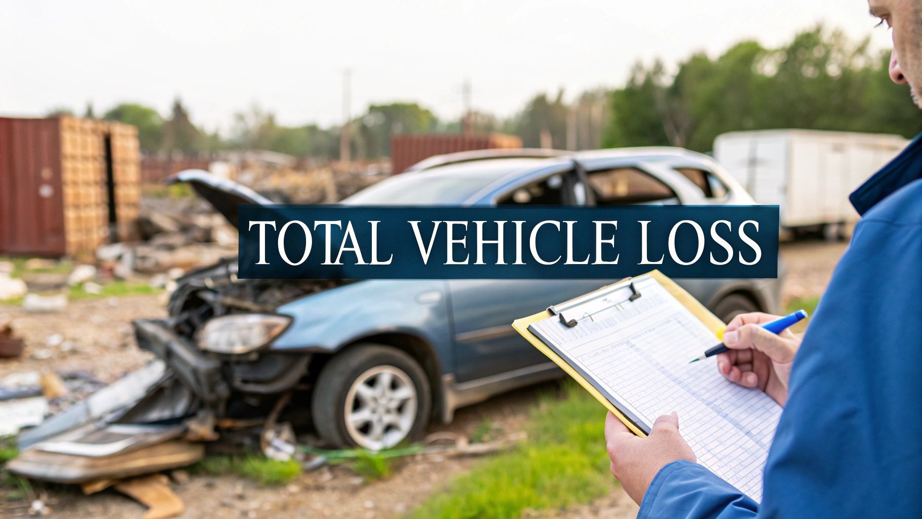 Person with clipboard inspecting a badly damaged blue car in a junkyard; text reads