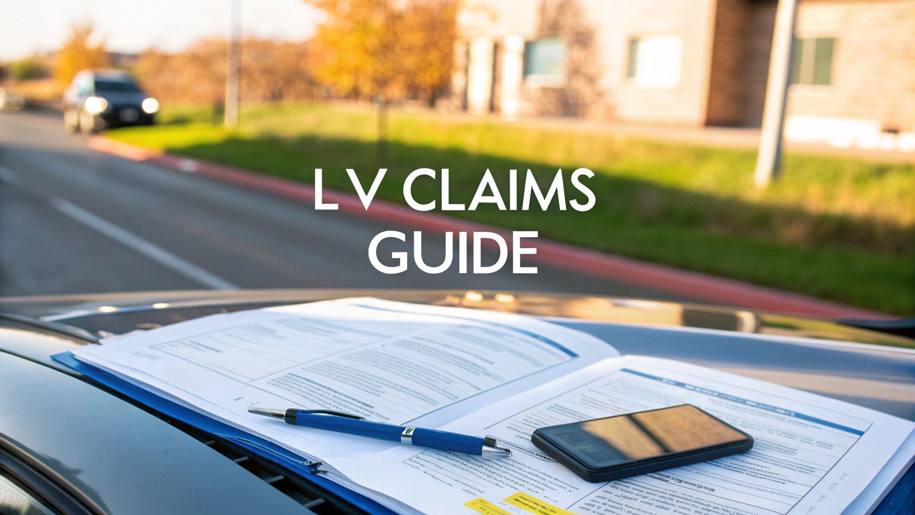 LV Claims Guide text on a car hood with documents, pen, and phone. Road and buildings in background.