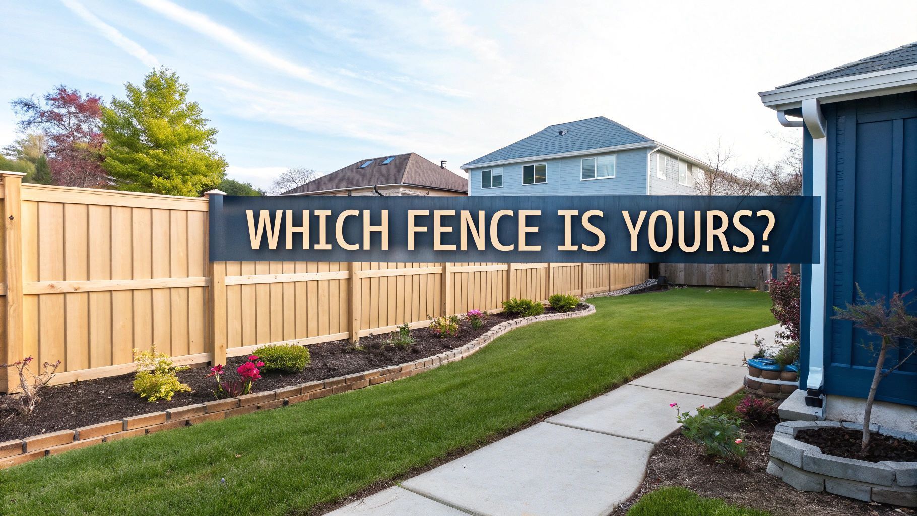 Wooden fence in a backyard with a banner asking