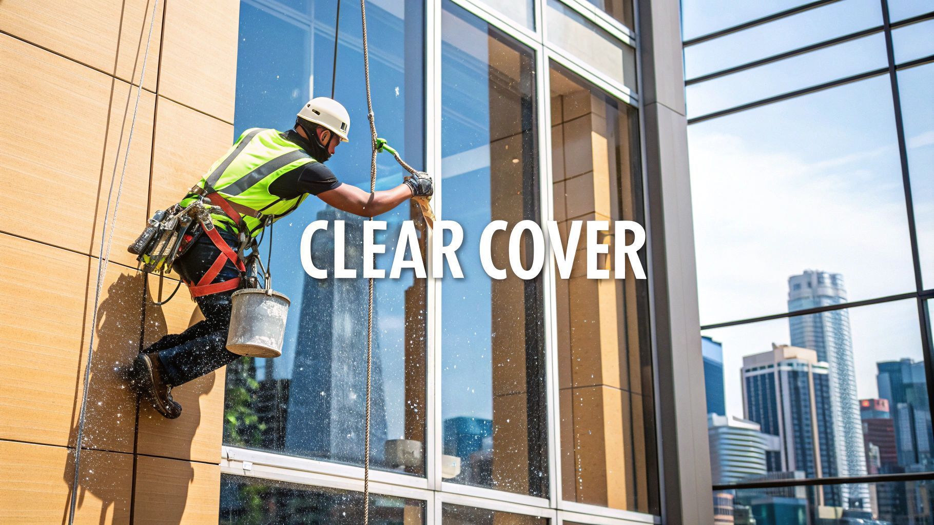 Window washer on ropes cleaning a glass high-rise building. Wearing safety gear and holding tools, city view in background.