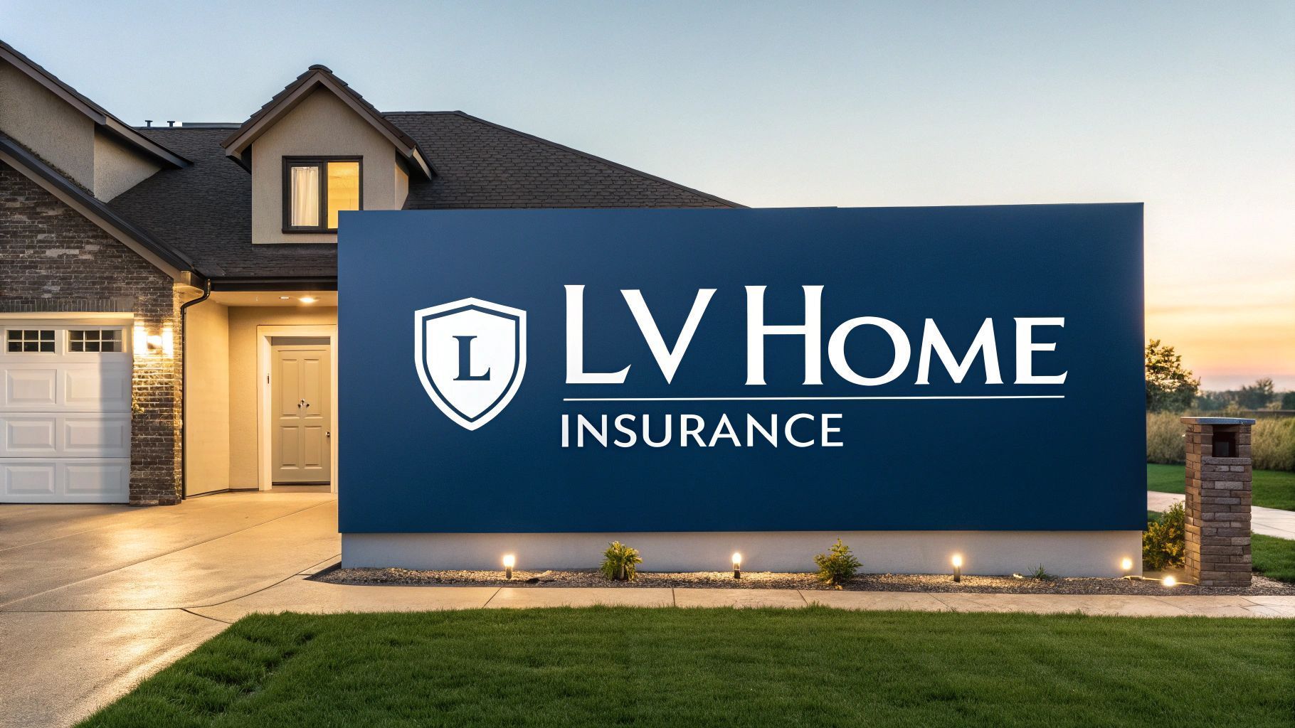 LV Home Insurance sign in front of a house. Navy blue sign with white text and logo. Evening setting.