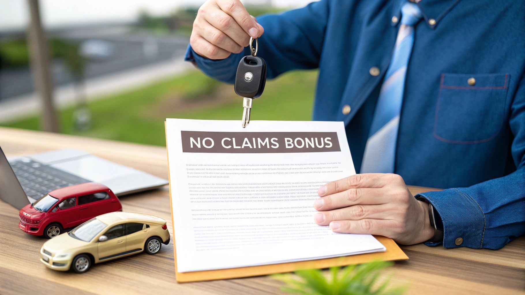 Man holding car keys, document labeled 