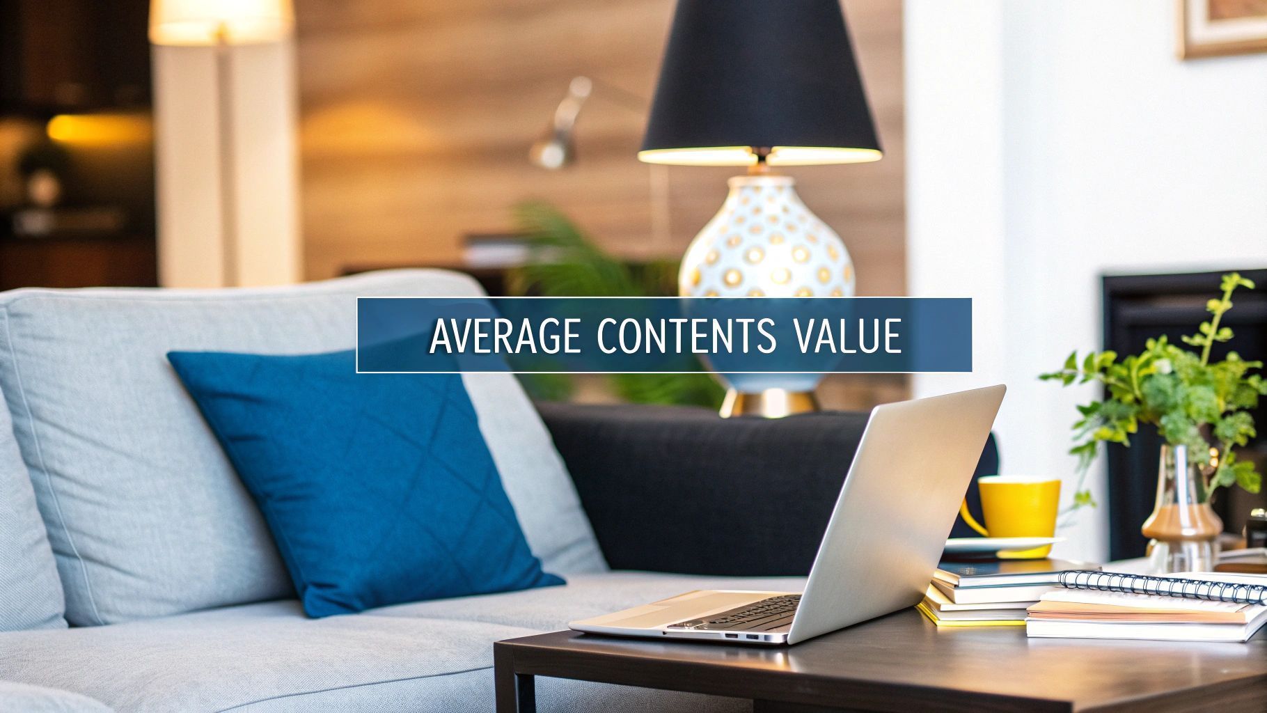 Living room with text overlay: