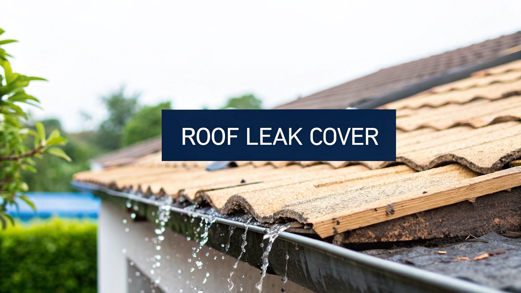 Rainwater pouring from a gutter on a tiled roof. Text: Roof Leak Cover.