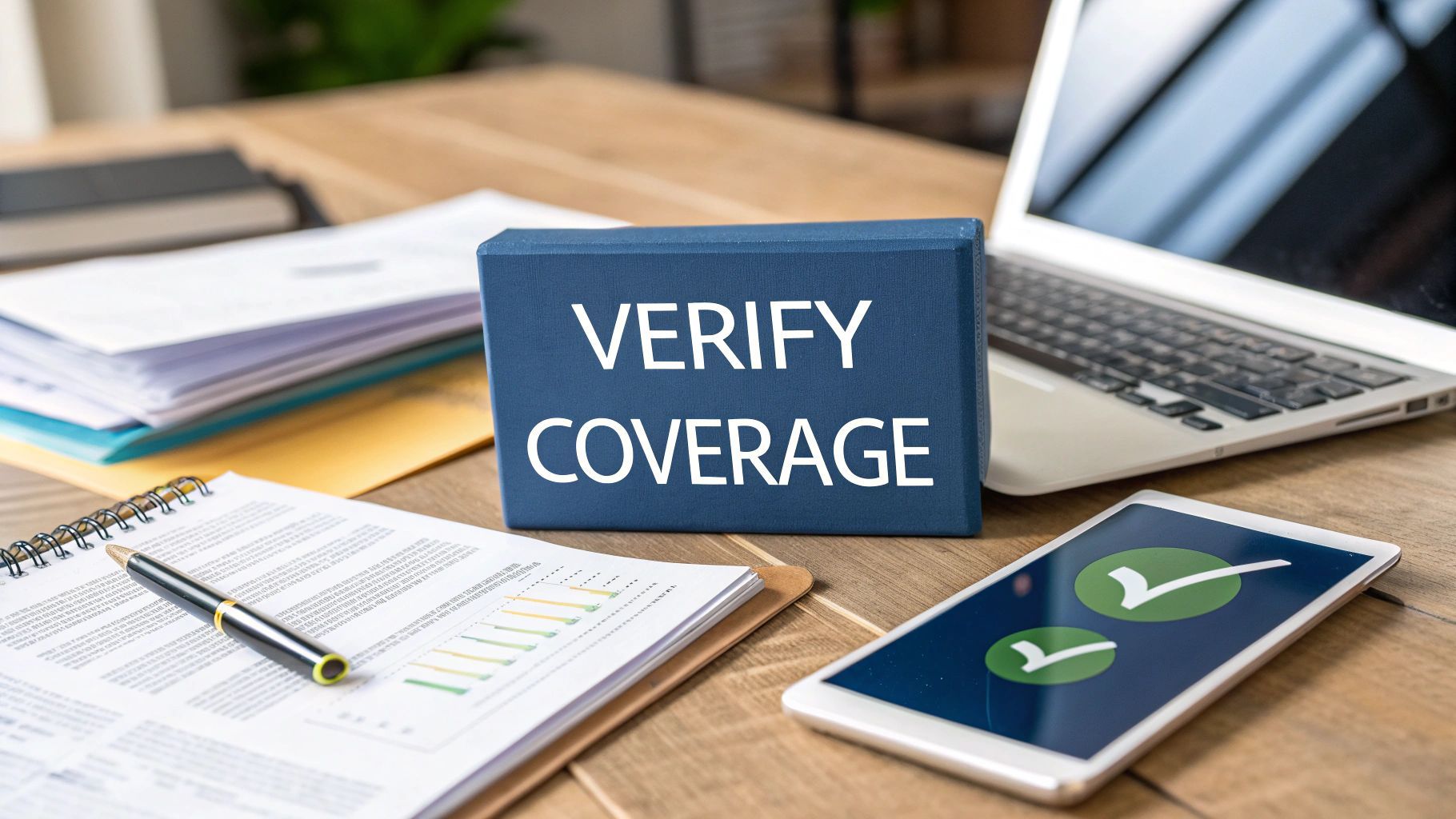 A desk with documents, a laptop, and a phone displaying a checkmark; a blue block reads