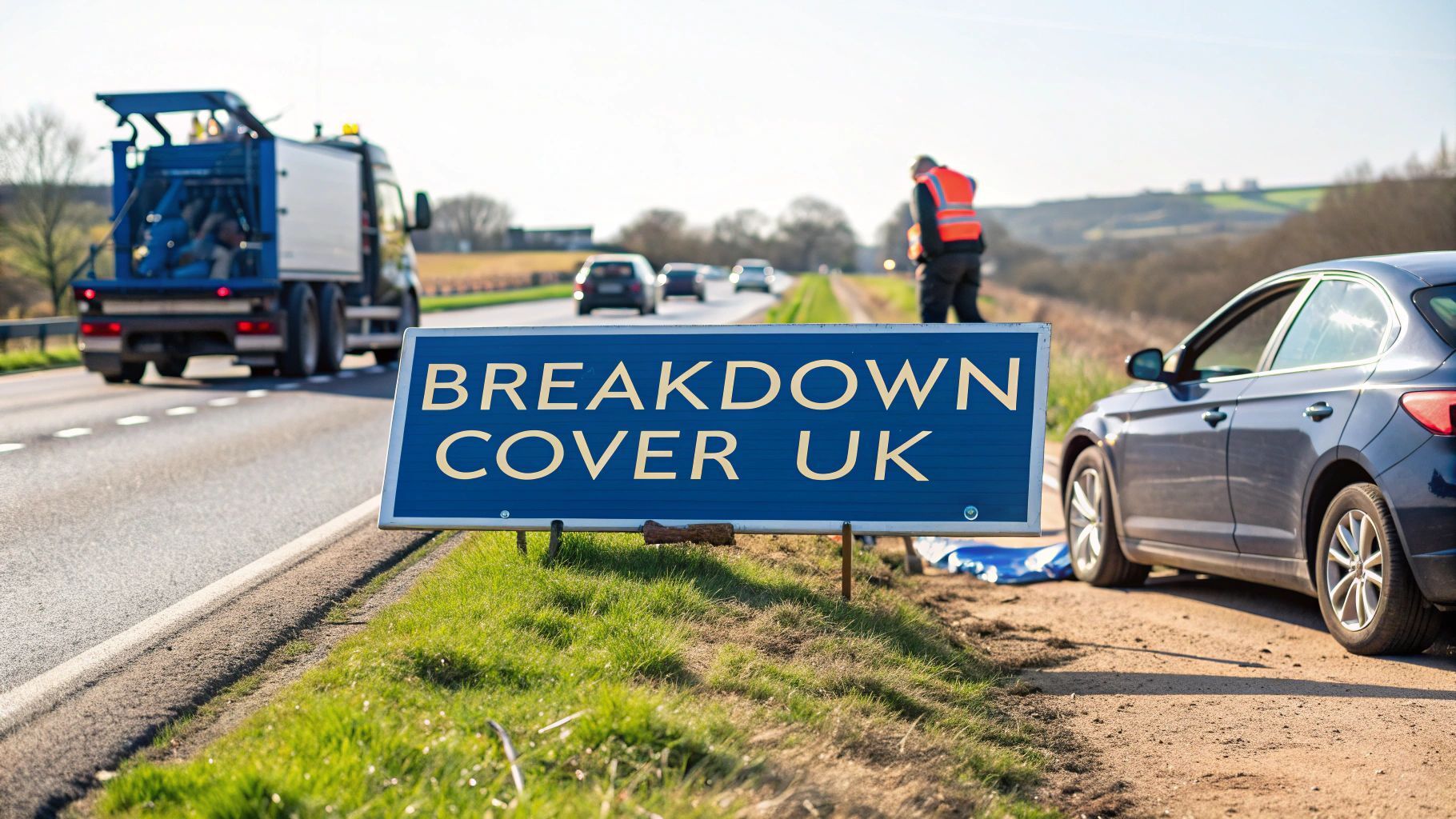 Blue car broken down on roadside, worker in orange vest, sign reads