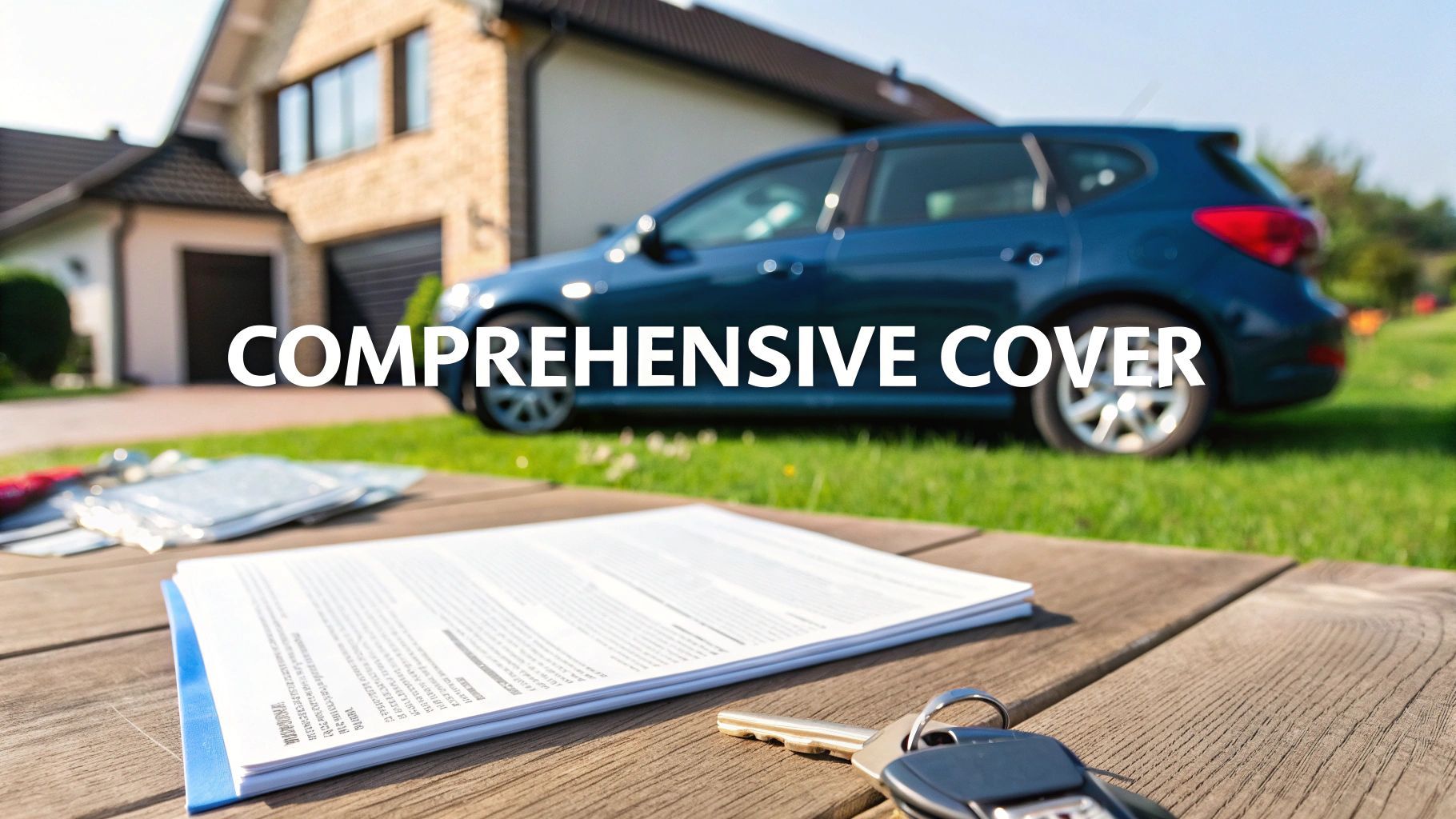 Blue car parked in front of a house. Car insurance document and keys on a table, text reads