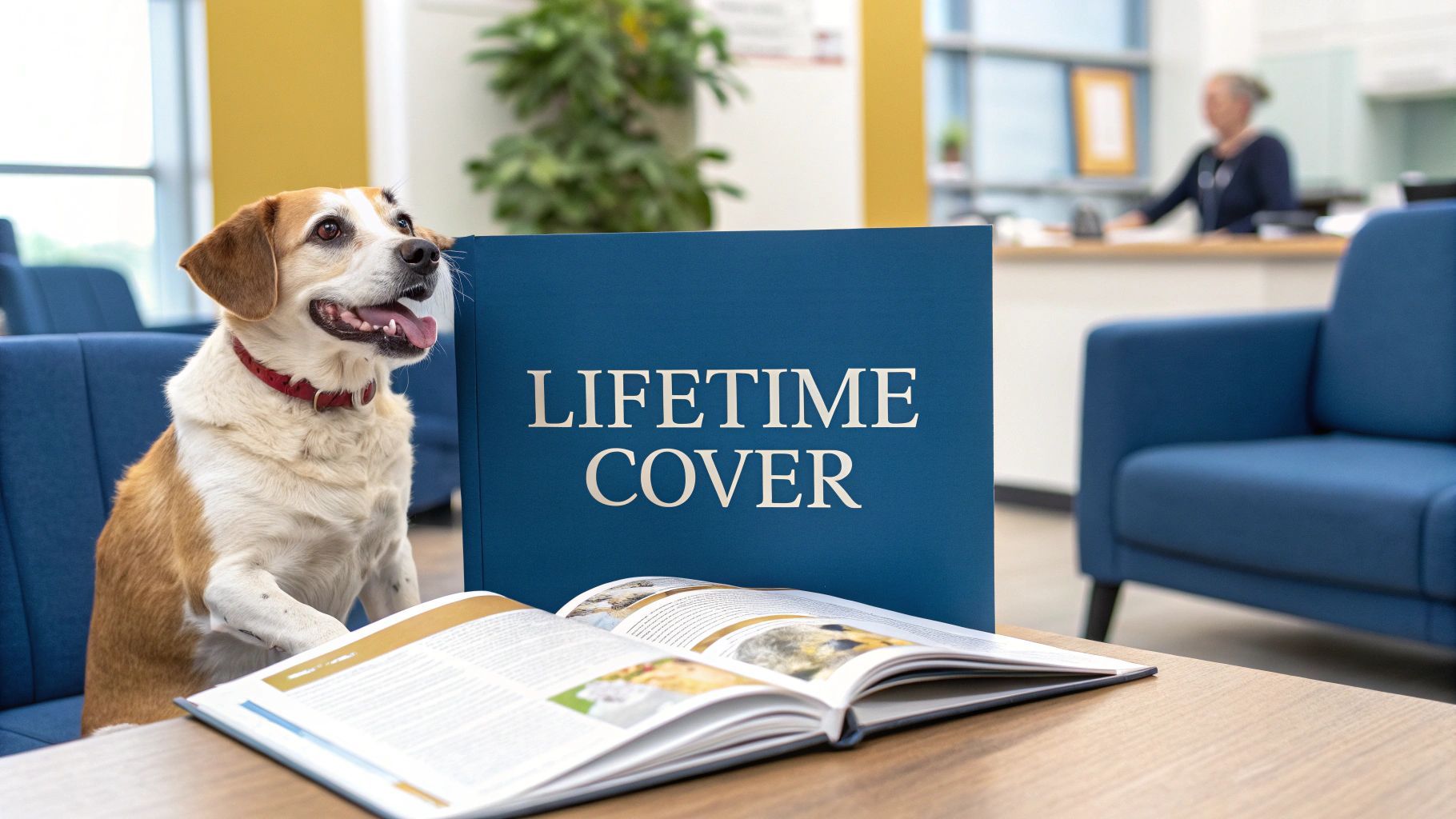 Dog seated at table with open book and