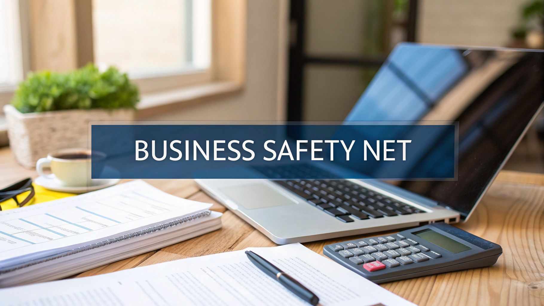 Laptop, papers, calculator, and coffee cup on a desk; text overlay: