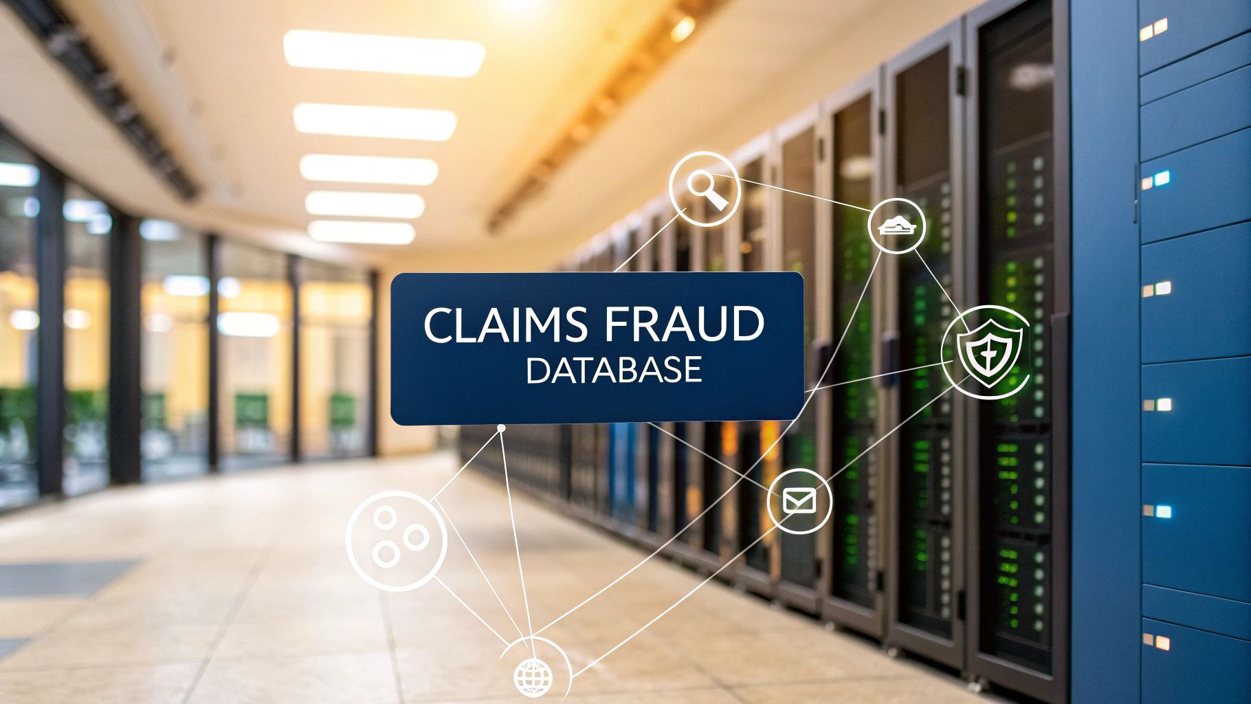 Claims fraud database graphic over server racks in a data center.