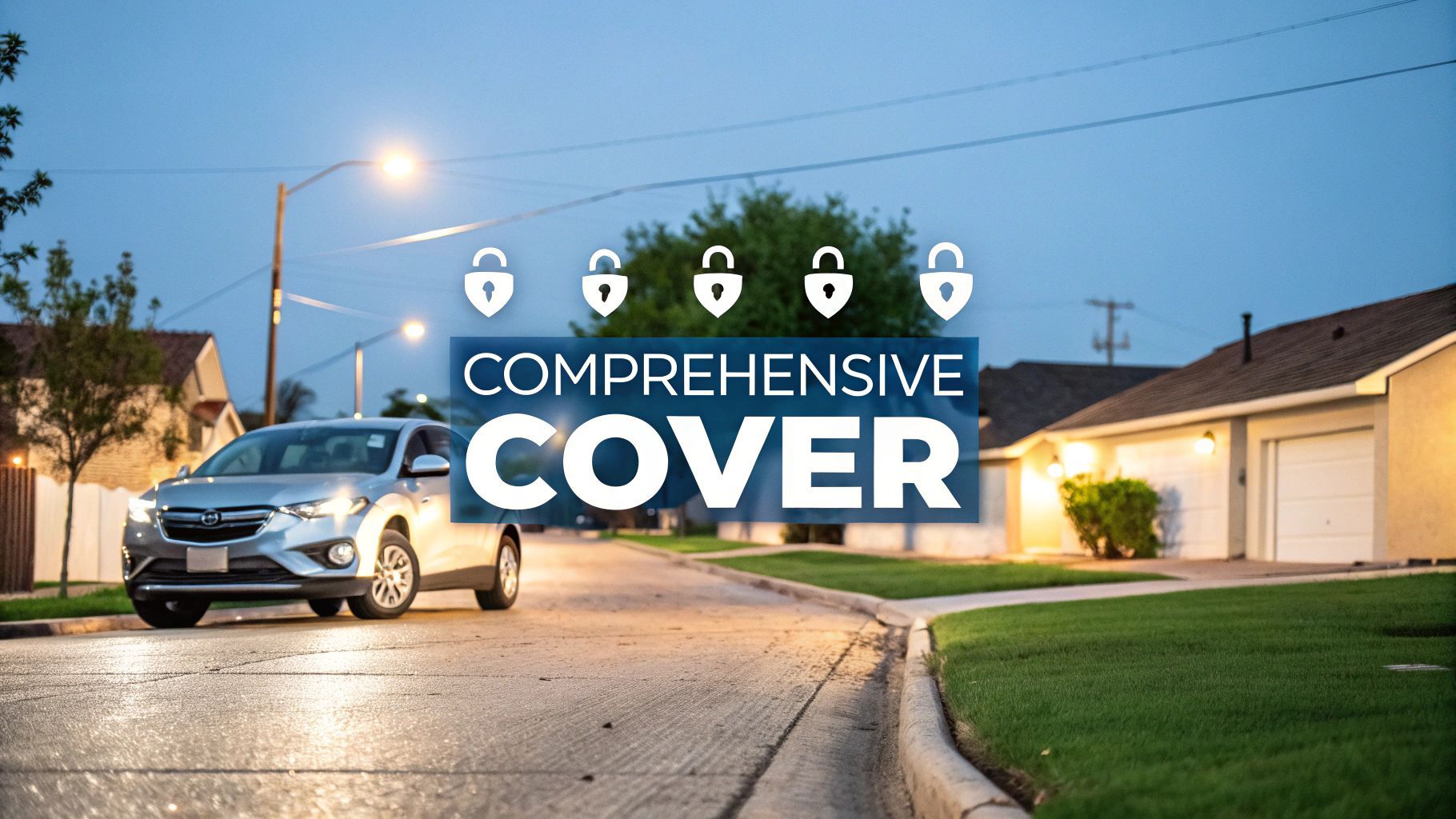 Car parked on a residential street at dusk, with