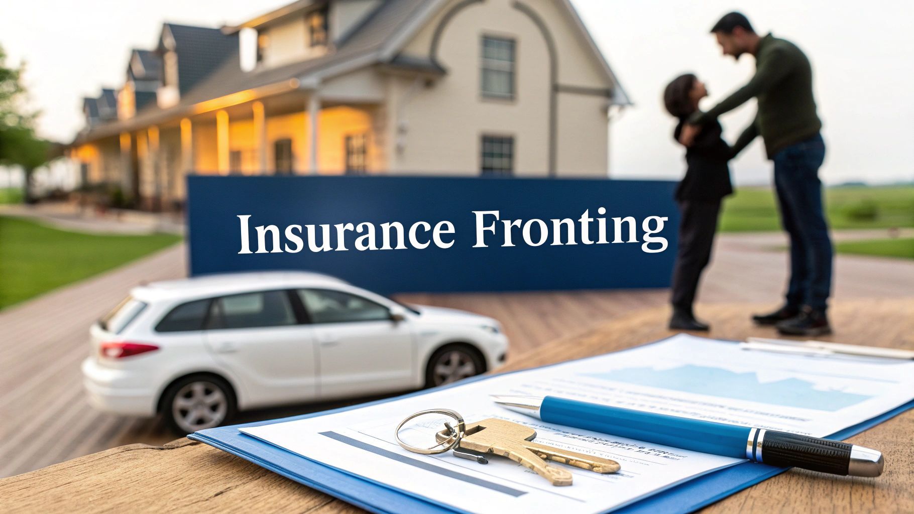 Man arguing with woman, house and car in background. Text: