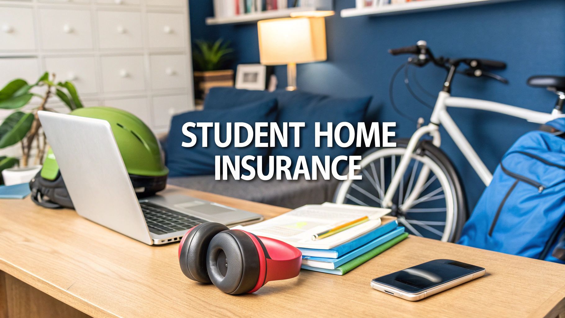 Desk with laptop, headphones, phone, and books; student home insurance text in front of room with bike.