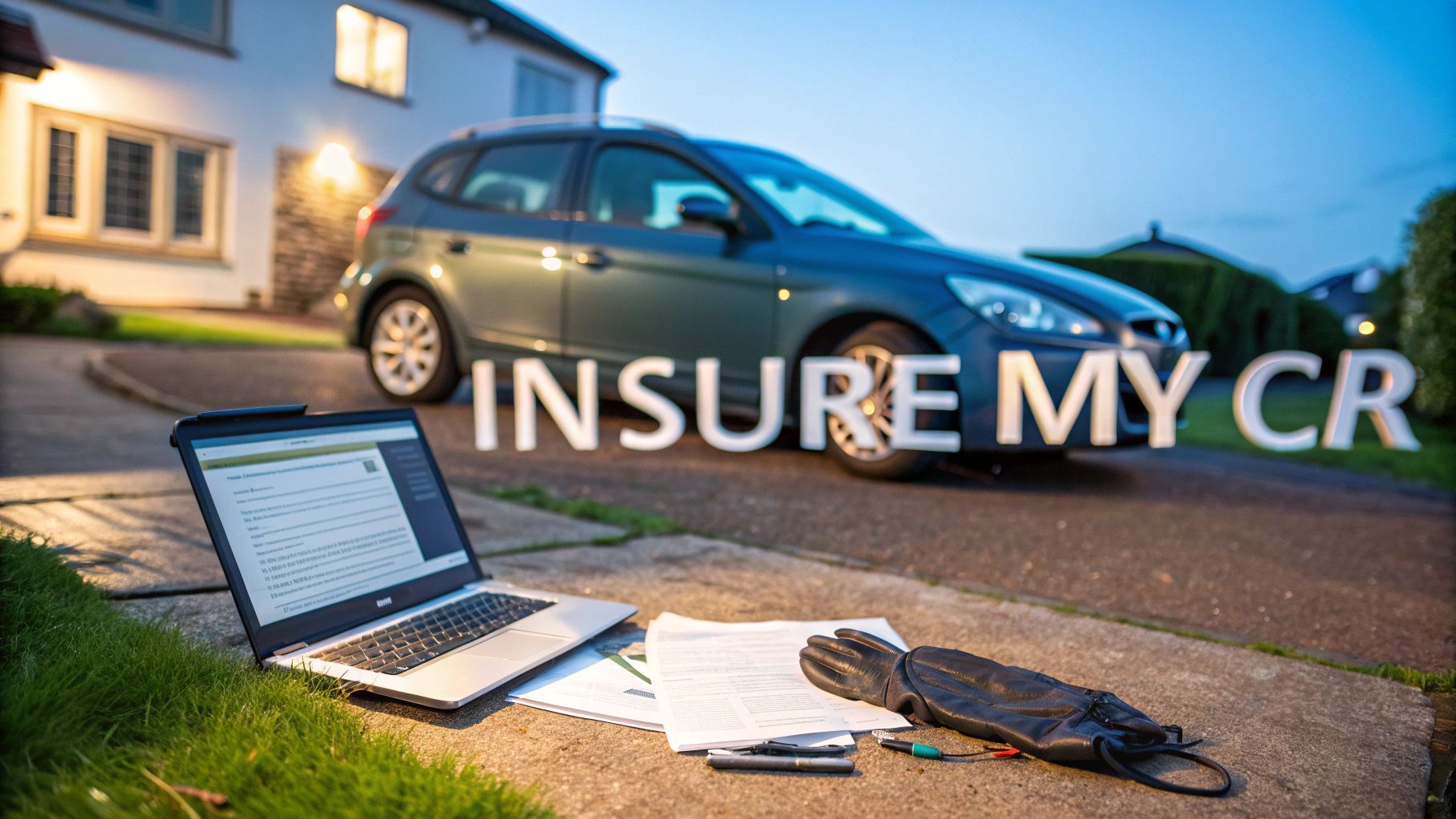 A laptop and documents are on a driveway next to a car, with the words