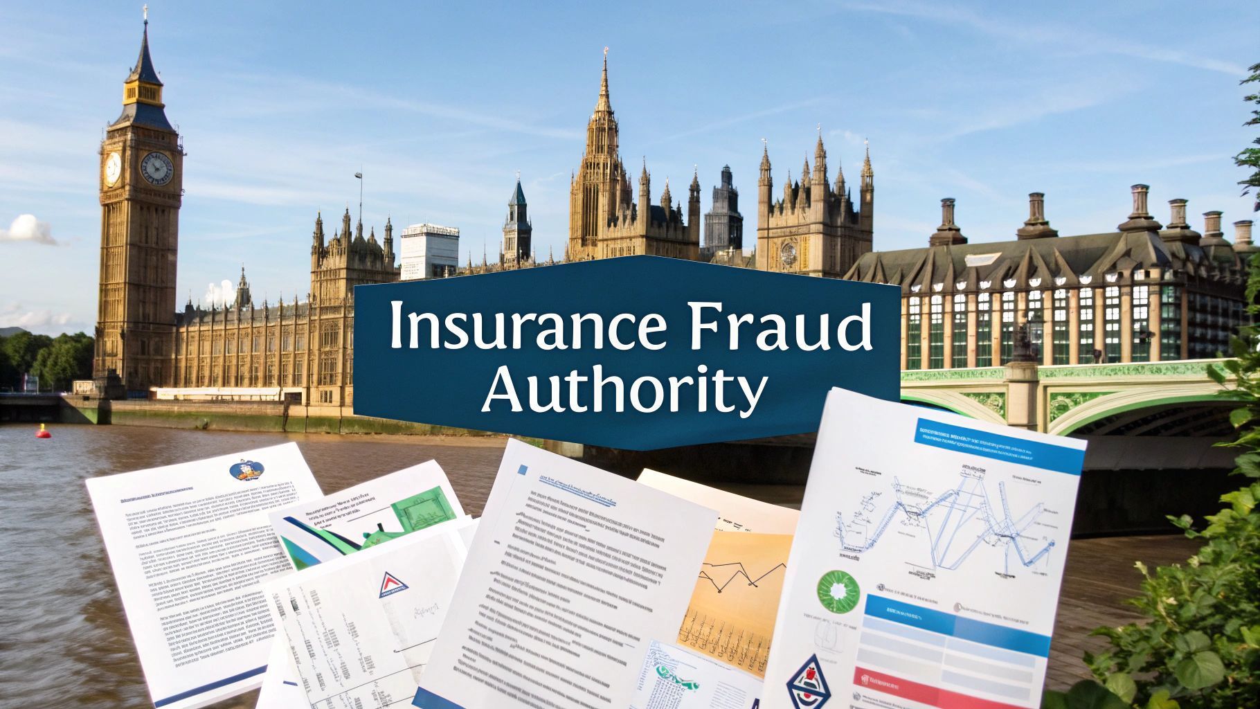 Insurance Fraud Authority logo on documents, Big Ben in background.