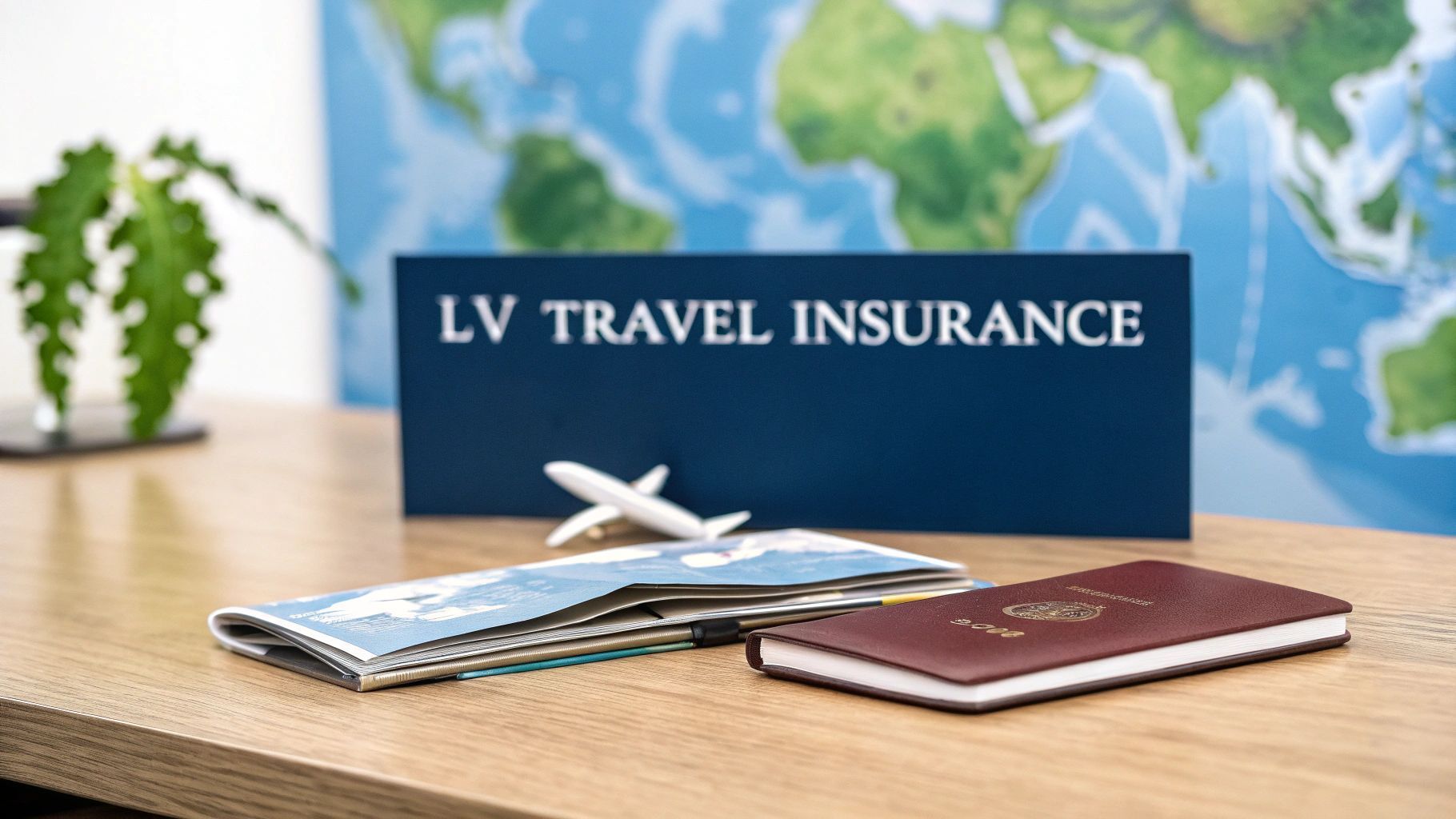 LV Travel Insurance sign with passports and toy airplane on a table in front of a world map.