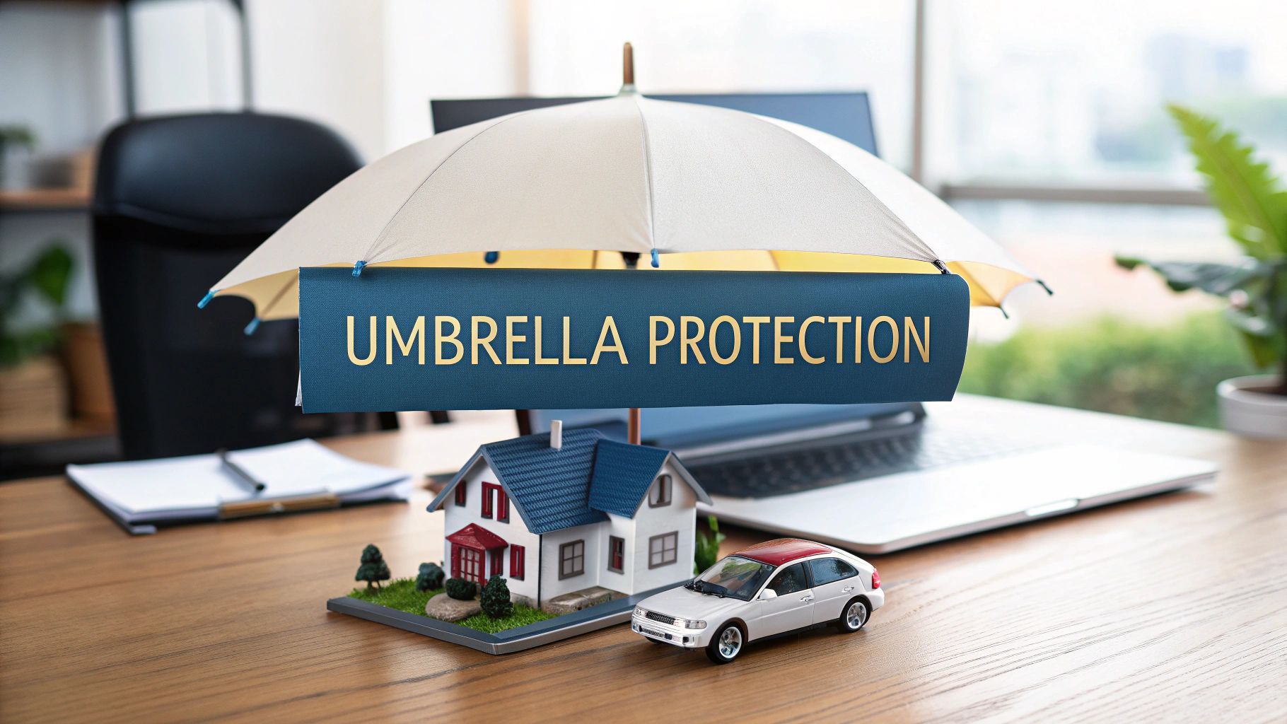 Model house, car, and laptop under an umbrella labeled