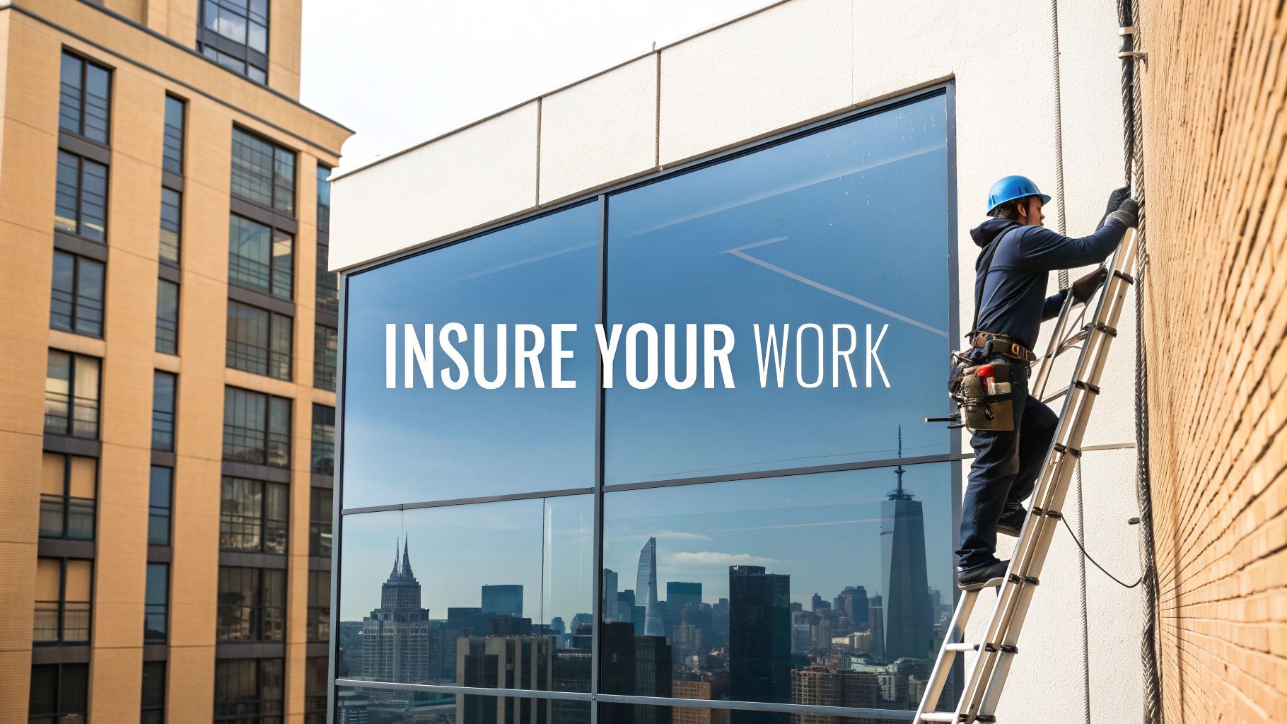 Construction worker on ladder, working on building exterior. Text: 