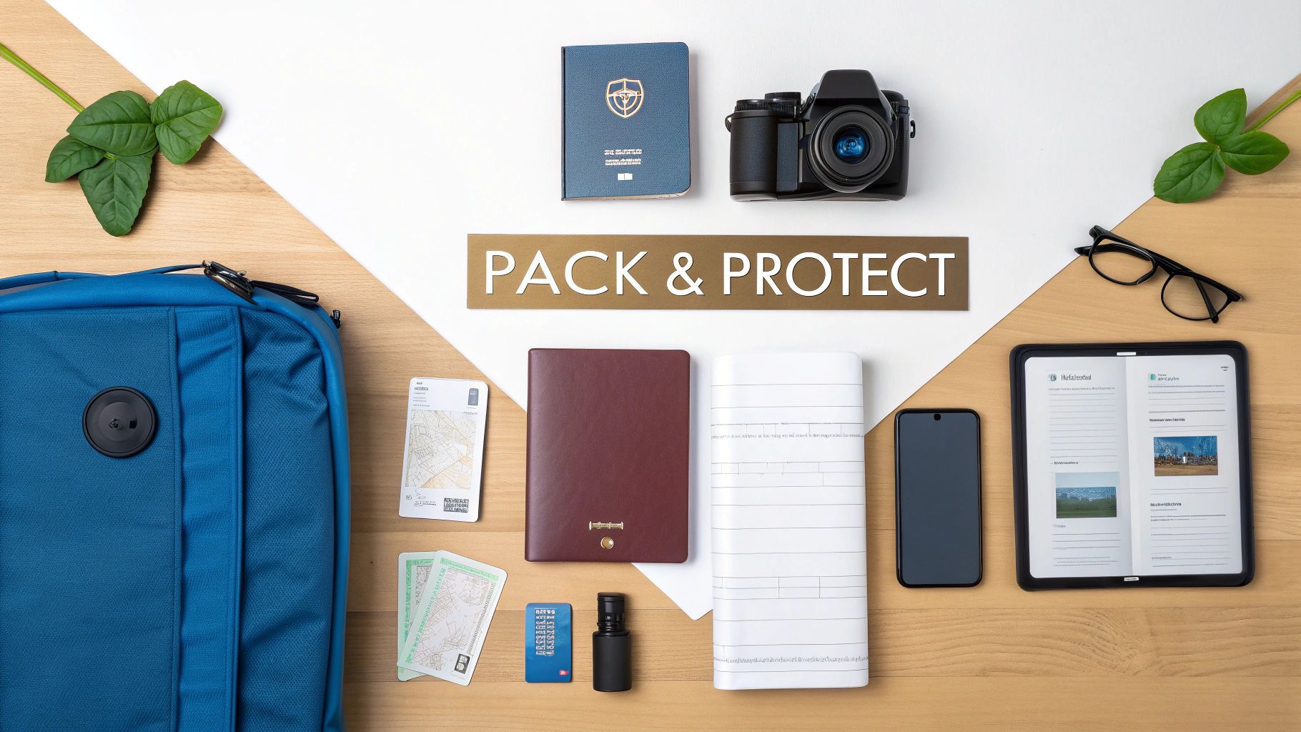 Blue backpack with travel essentials: passports, camera, tablet, phone, glasses.