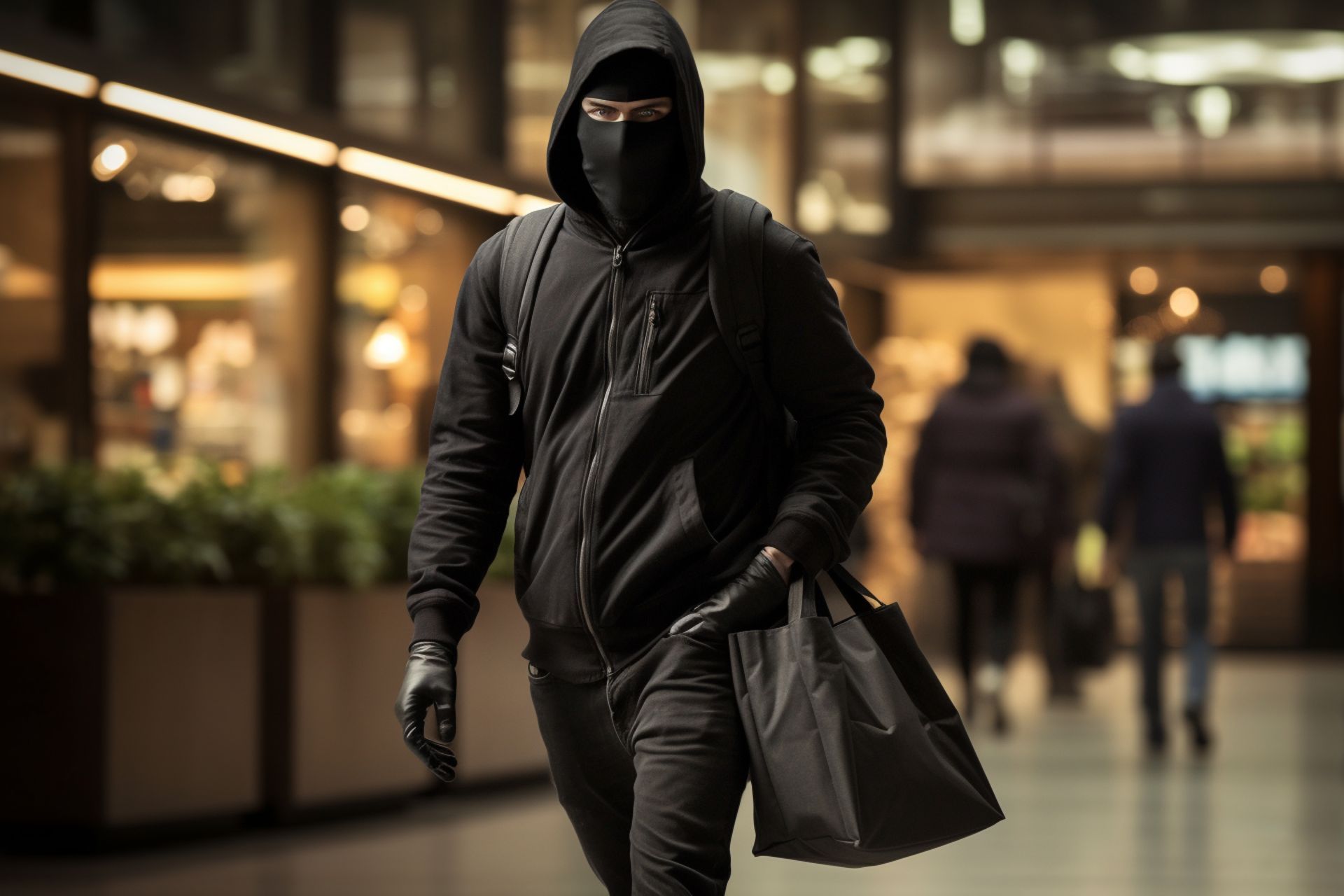 A man wearing a mask and a hood, walking down a street.