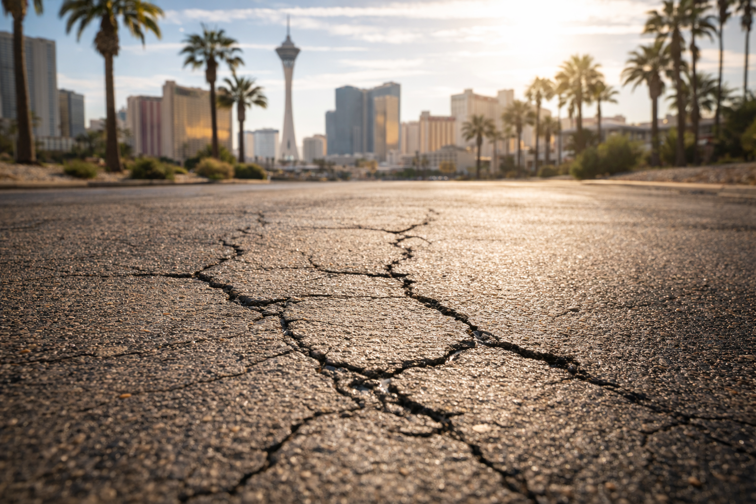Cracked asphalt road leads to Las Vegas skyline, including the Stratosphere tower, palm trees in soft sunlight.