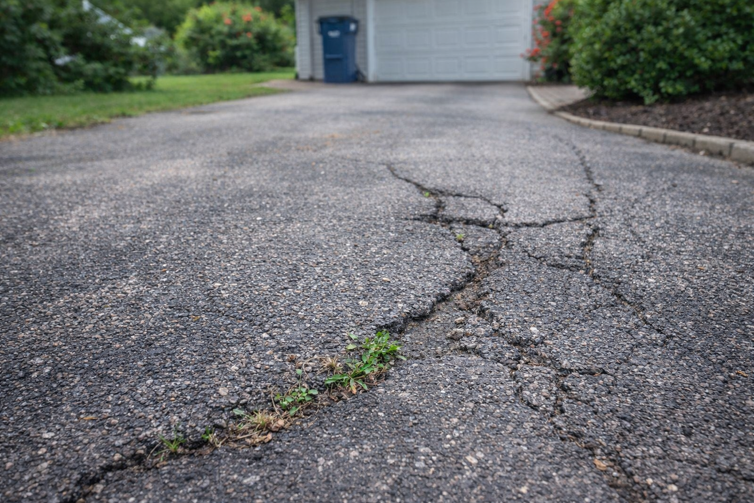A view of a driveway with large, cracked asphalt, some weeds growing in the crevices, leading toward a garage.
