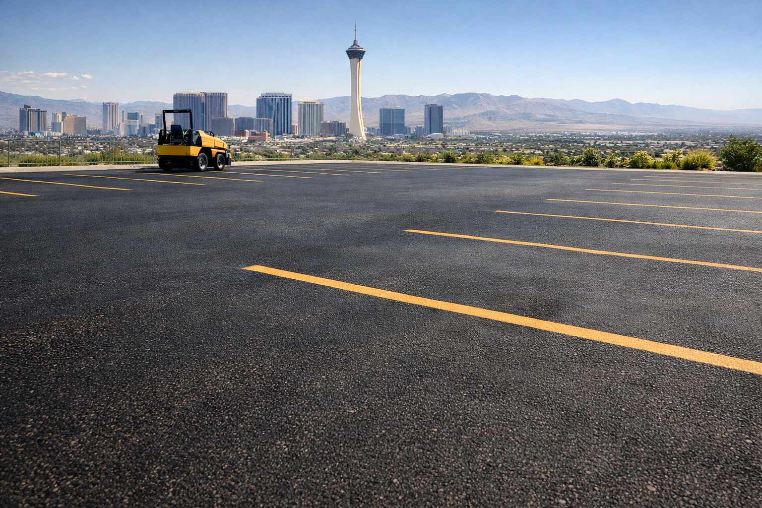 A yellow roller sits on a freshly paved parking lot with painted yellow lines, overlooking the Las Vegas skyline.