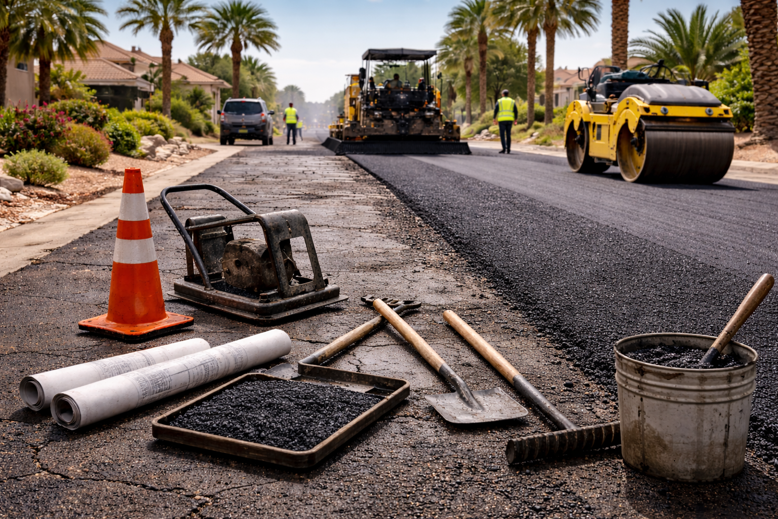 Road paving in progress, featuring heavy machinery, workers, and tools on a residential street.